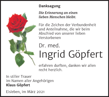 Traueranzeige von Ingrid Göpfert von Mitteldeutsche Zeitung Mansfelder Land