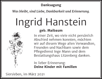 Traueranzeige von Ingrid Hanstein von Mitteldeutsche Zeitung Mansfelder Land