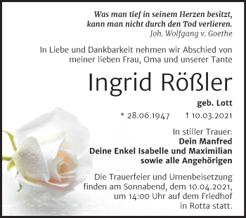 Traueranzeige von Ingrid Rößler von Mitteldeutsche Zeitung Wittenberg