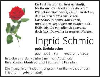 Traueranzeige von Ingrid Schmid von Mitteldeutsche Zeitung Halle/Saalkreis