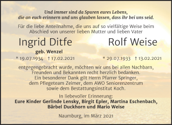 Traueranzeige von Ingrid und Rolf  von Mitteldeutsche Zeitung Naumburg/Nebra