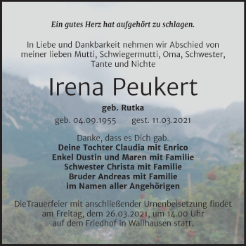 Traueranzeige von Irena Peukert von Mitteldeutsche Zeitung Sangerhausen