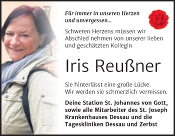 Traueranzeige von Iris Reußner von Mitteldeutsche Zeitung Dessau-Roßlau