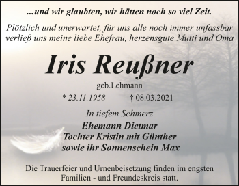 Traueranzeige von Iris Reußner von Mitteldeutsche Zeitung Dessau-Roßlau