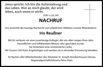 Traueranzeige von Iris Reußner von Mitteldeutsche Zeitung Dessau-Roßlau