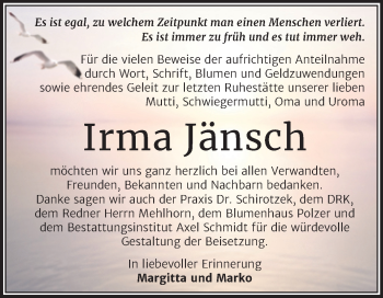 Traueranzeige von Irma Jänsch von Mitteldeutsche Zeitung Merseburg/Querfurt