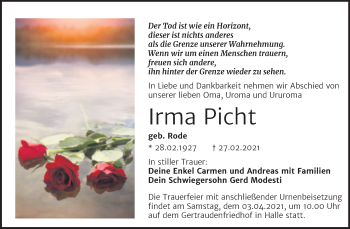Traueranzeige von Irma Picht von Mitteldeutsche Zeitung Halle/Saalkreis