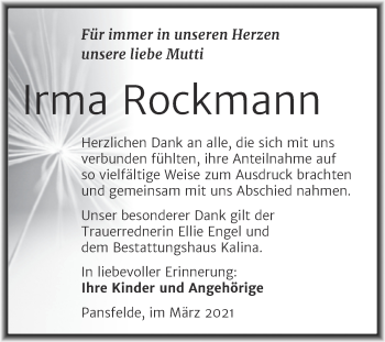 Traueranzeige von Irma Rockmann von Mitteldeutsche Zeitung Mansfelder Land