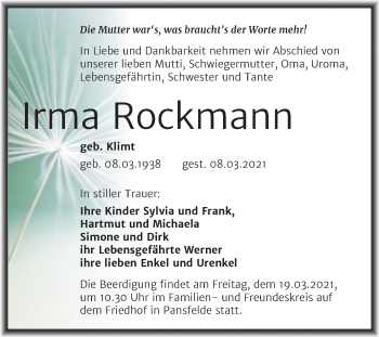 Traueranzeige von Irma Rockmann von Mitteldeutsche Zeitung Mansfelder Land