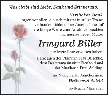 Traueranzeige von Irmgard Biller von Mitteldeutsche Zeitung Mansfelder Land