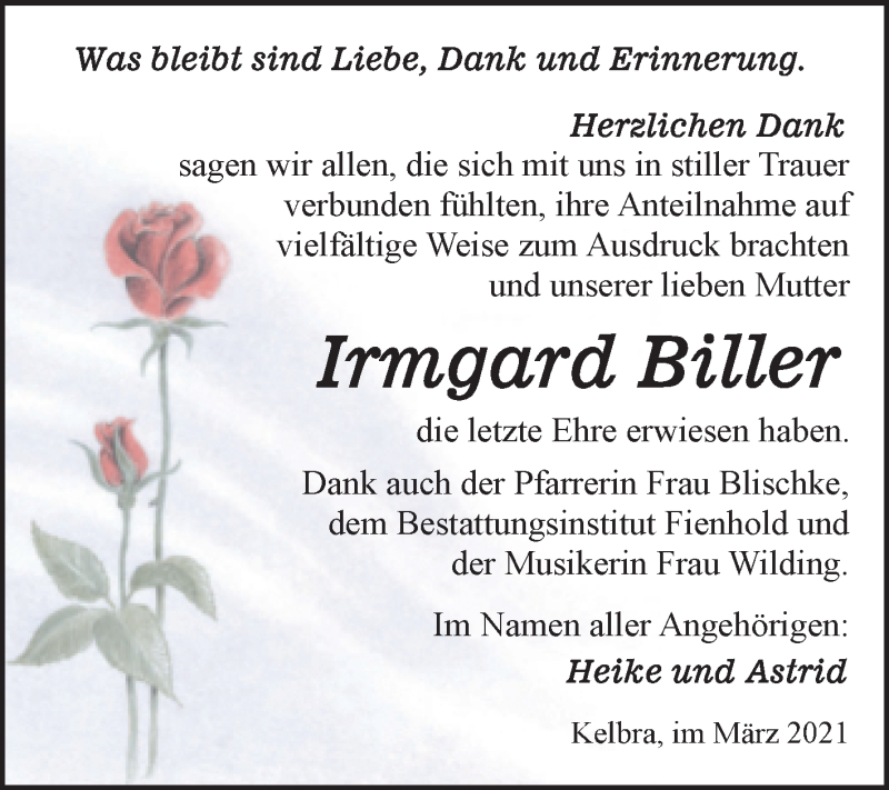  Traueranzeige für Irmgard Biller vom 20.03.2021 aus Mitteldeutsche Zeitung Mansfelder Land