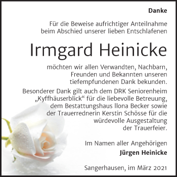 Traueranzeige von Irmgard Heinicke von Mitteldeutsche Zeitung Sangerhausen