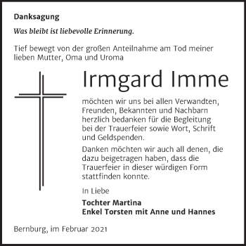 Traueranzeige von Irmgard Imme von Mitteldeutsche Zeitung Bernburg