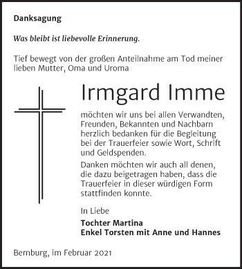 Traueranzeige von Irmgard Imme von Mitteldeutsche Zeitung Naumburg/Nebra