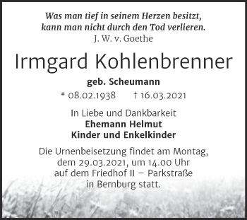 Traueranzeige von Irmgard Kohlenbrenner von Mitteldeutsche Zeitung Bernburg
