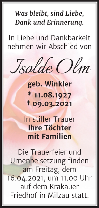 Traueranzeige von Isolde Olm von Mitteldeutsche Zeitung Merseburg/Querfurt