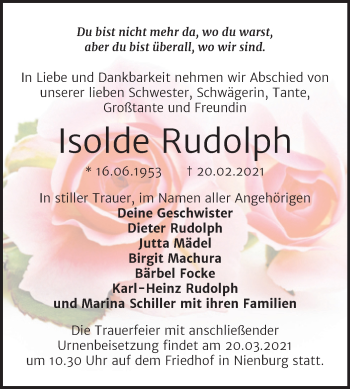 Traueranzeige von Isolde Rudolph von Mitteldeutsche Zeitung Bernburg