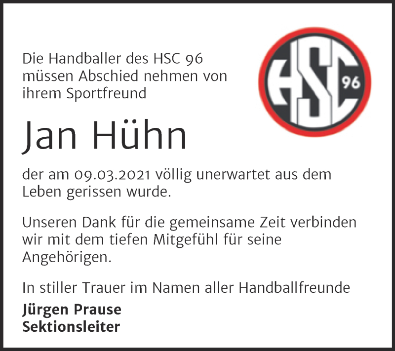  Traueranzeige für Jan Hühn vom 20.03.2021 aus Mitteldeutsche Zeitung Halle/Saalkreis