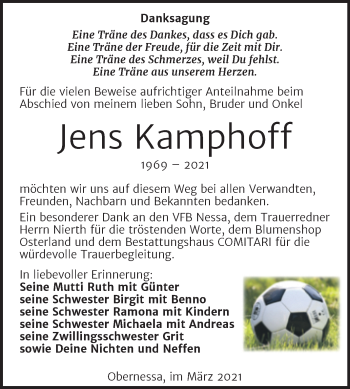 Traueranzeige von Jens Kamphoff von Mitteldeutsche Zeitung Weißenfels