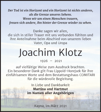 Traueranzeige von Joachim Klotz von Mitteldeutsche Zeitung Zeitz