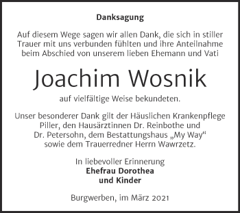 Traueranzeige von Joachim Wosnik von Mitteldeutsche Zeitung Merseburg/Querfurt