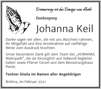 Traueranzeige von Johanna Keil von Mitteldeutsche Zeitung Bitterfeld