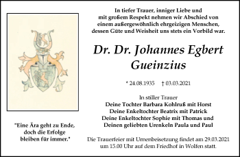 Traueranzeige von Johannes Egbert Gueinzius von Mitteldeutsche Zeitung Bitterfeld