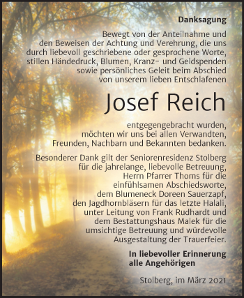 Traueranzeige von Josef Reich von Mitteldeutsche Zeitung Sangerhausen