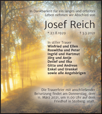 Traueranzeige von Josef Reich von Mitteldeutsche Zeitung Sangerhausen