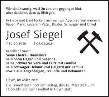 Traueranzeige von Josef Siegel von Mitteldeutsche Zeitung Aschersleben