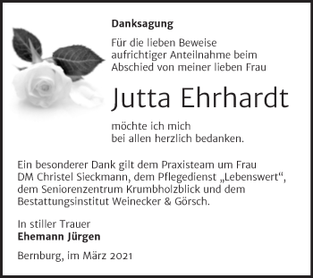 Traueranzeige von Jutta Ehrhardt von Mitteldeutsche Zeitung Bernburg