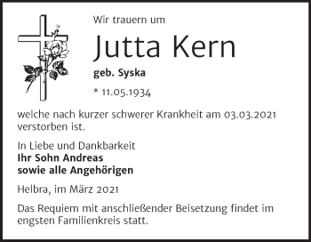 Traueranzeige von Jutta Kern von Mitteldeutsche Zeitung Mansfelder Land