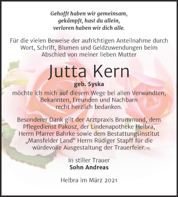 Traueranzeige von Jutta Kern von Mitteldeutsche Zeitung Mansfelder Land