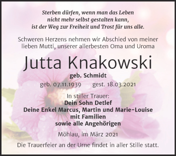 Traueranzeige von Jutta Knakowski von Mitteldeutsche Zeitung Wittenberg
