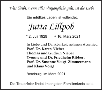 Traueranzeige von Jutta Lillpob von Mitteldeutsche Zeitung Bernburg