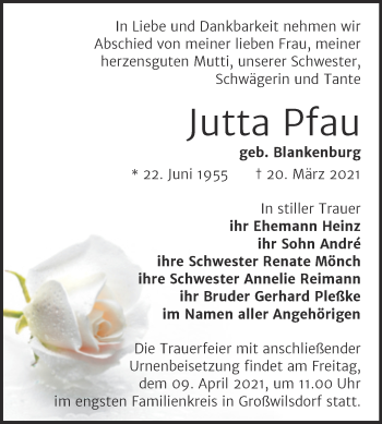Traueranzeige von Jutta Pfau von Mitteldeutsche Zeitung Naumburg/Nebra