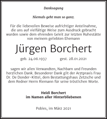 Traueranzeige von Jürgen Borchert von Mitteldeutsche Zeitung Weißenfels