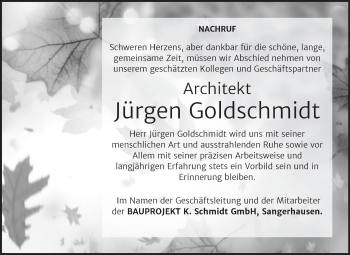 Traueranzeige von Jürgen Goldschmidt von Mitteldeutsche Zeitung Sangerhausen