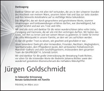 Traueranzeige von Jürgen Goldschmidt von Mitteldeutsche Zeitung Sangerhausen