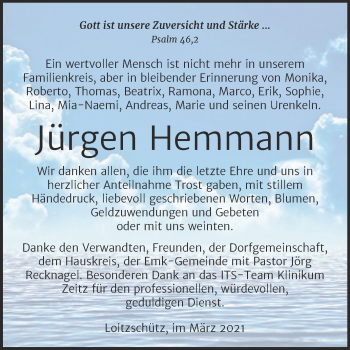 Traueranzeige von Jürgen Hemmann von Mitteldeutsche Zeitung Zeitz