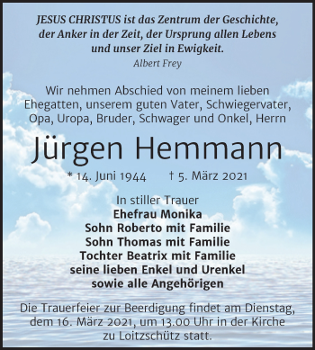 Traueranzeige von Jürgen Hemmann von Mitteldeutsche Zeitung Zeitz
