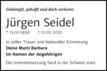 Traueranzeige von Jürgen Seidel von Mitteldeutsche Zeitung Bitterfeld