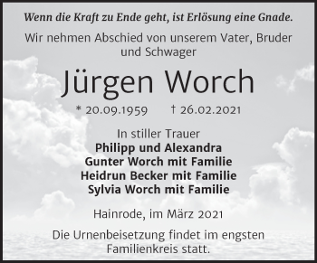 Traueranzeige von Jürgen Worch von Mitteldeutsche Zeitung Sangerhausen