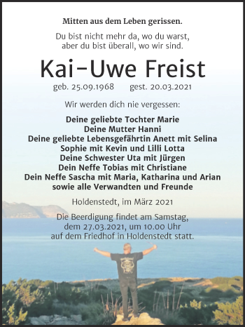 Traueranzeige von Kai-Uwe Freist von Mitteldeutsche Zeitung Sangerhausen