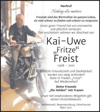 Traueranzeige von Kai-Uwe Freist von Mitteldeutsche Zeitung Sangerhausen