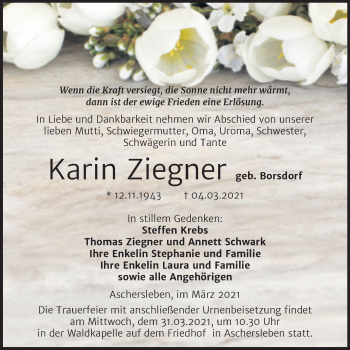 Traueranzeige von Karin Ziegner von Mitteldeutsche Zeitung Aschersleben