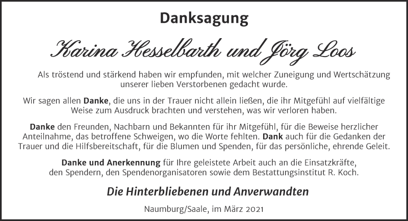  Traueranzeige für Karina und Jörg Hesselbarth und Loos vom 27.03.2021 aus Super Sonntag Naumburg/Nebra