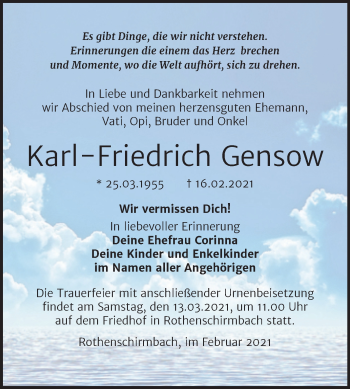 Traueranzeige von Karl-Friedrich Gensow von Mitteldeutsche Zeitung Mansfelder Land