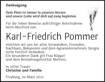 Traueranzeige von Karl-Friedrich Pommer von Super Sonntag Naumburg/Nebra