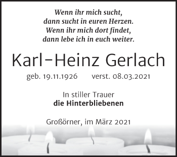 Traueranzeige von Karl-Heinz Gerlach von Mitteldeutsche Zeitung Mansfelder Land
